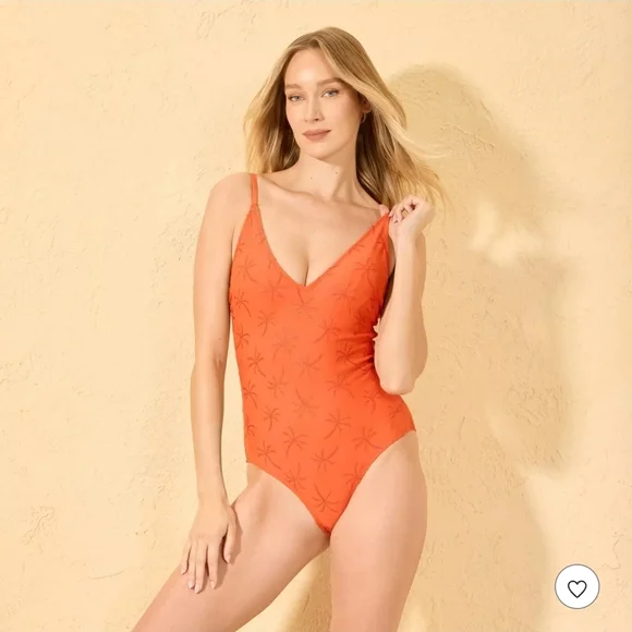 SHADE & SHORE Palm Print Embroidered Plunge Neck Full Coverage One Piece - Picture 1 of 4